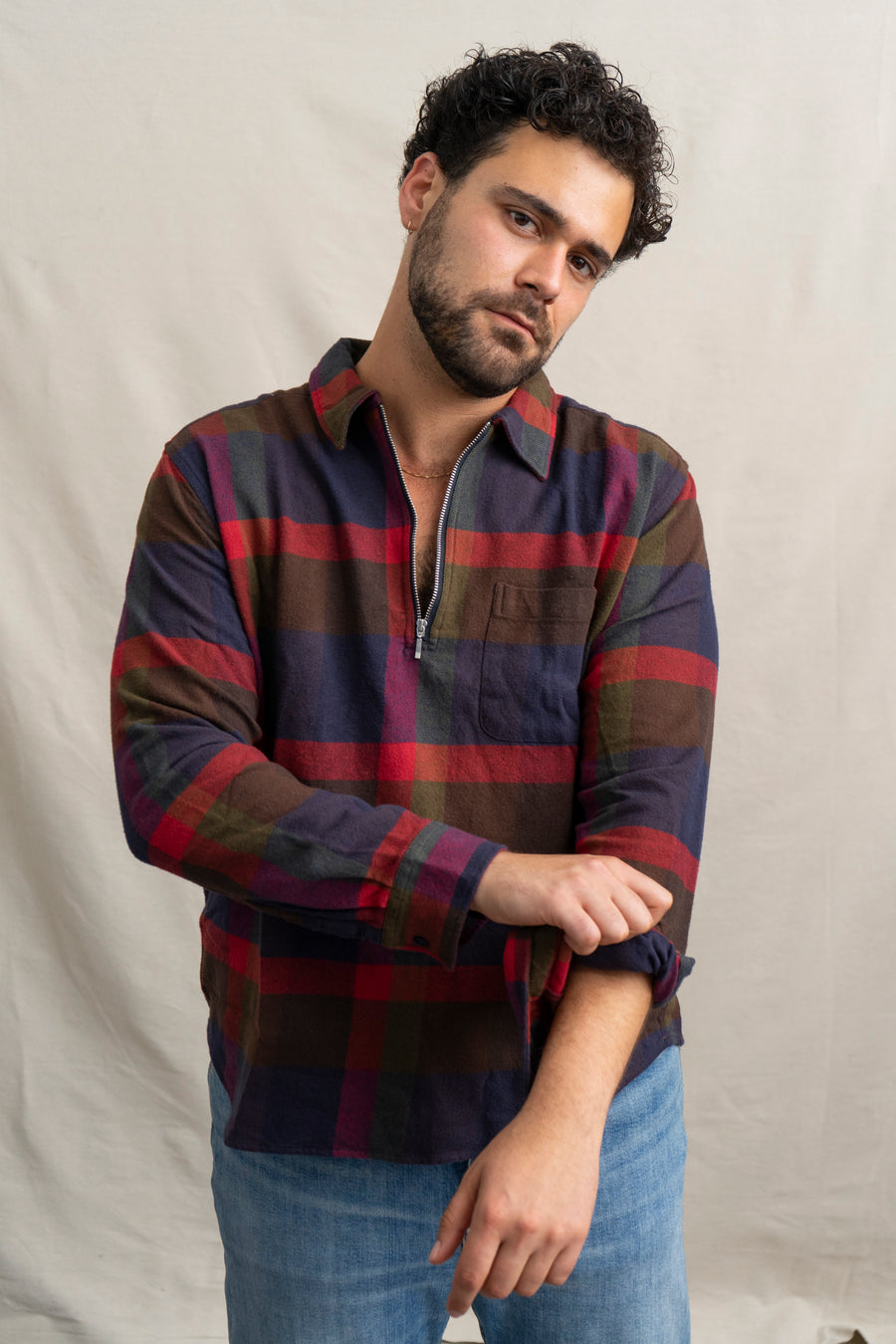 Far Afield Day Off Checked Zip Polo