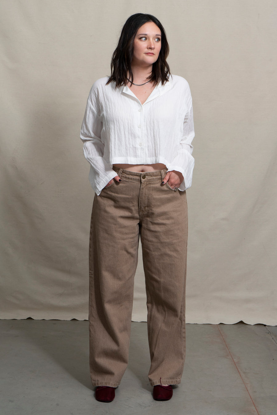 Textured Cropped Button Up