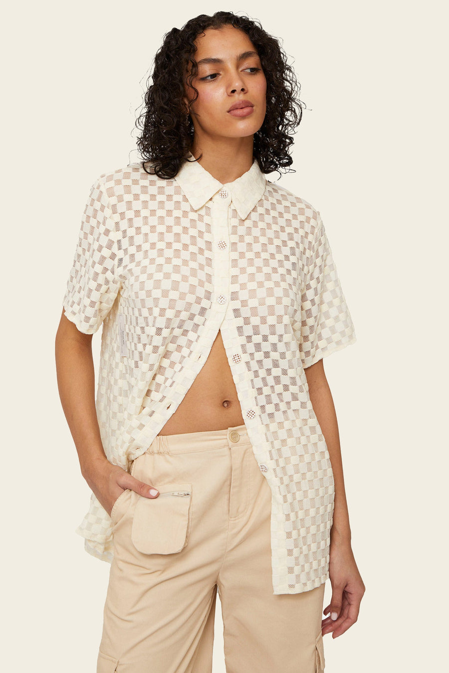 Harmony Velour Mesh Button Up in White Noise