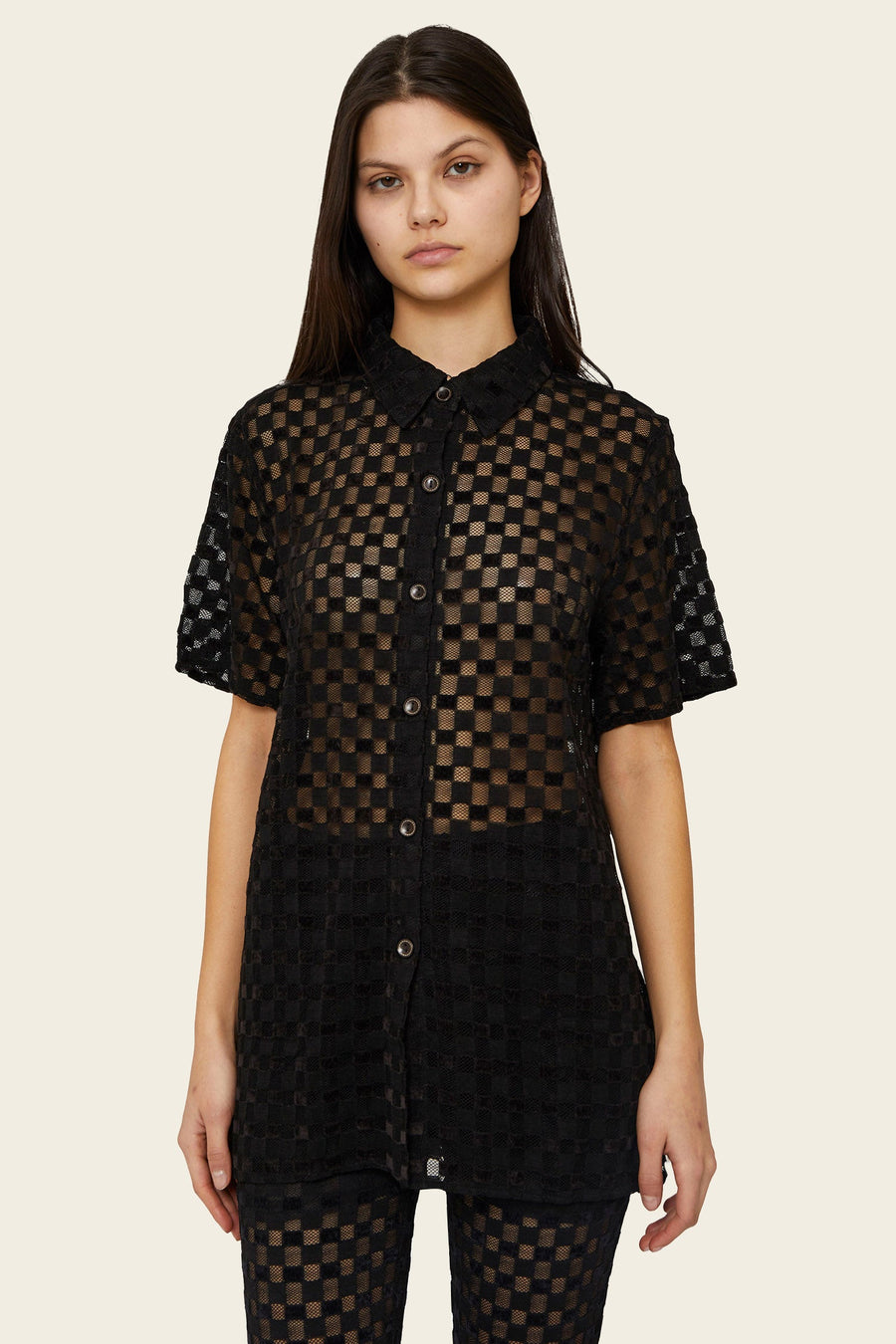 Harmony Velour Mesh Button Up in Black