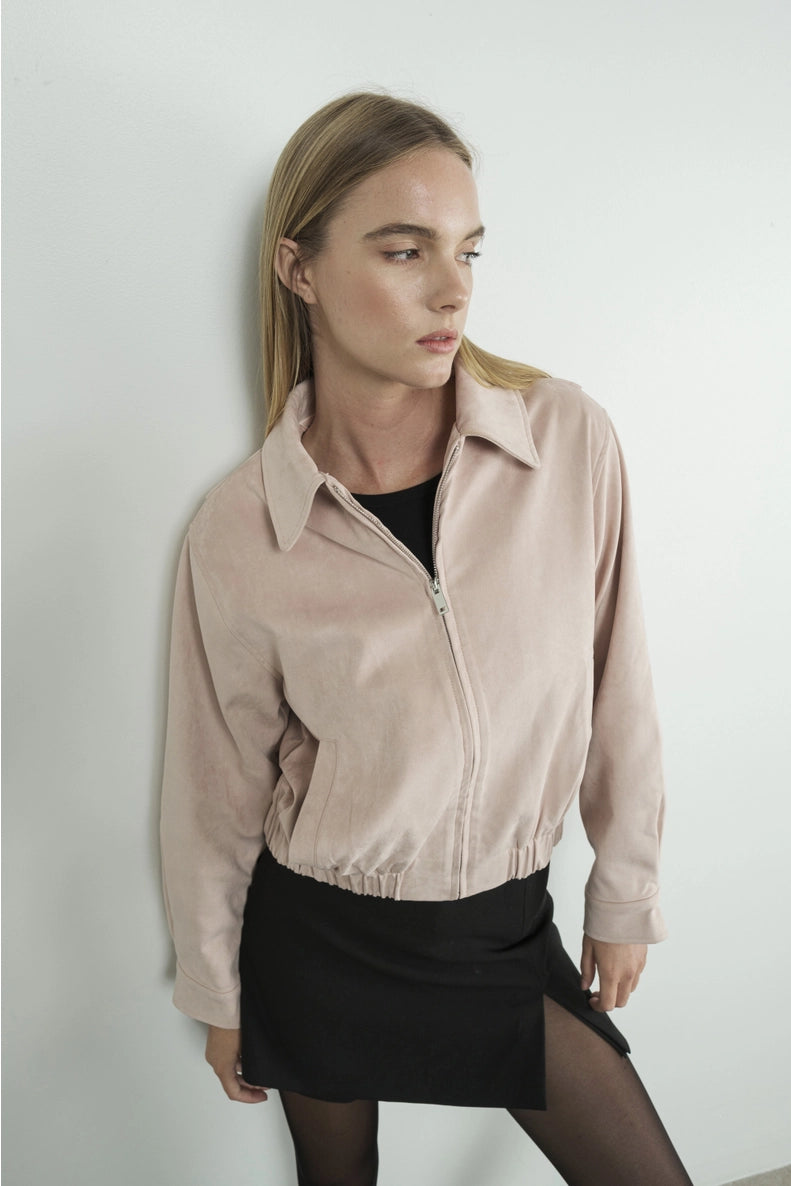 Suede Bomber Jacket in Light Pink