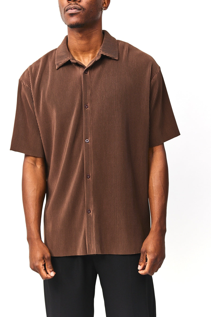 Plisse Button Up in Brown